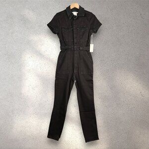 GOOD AMERICAN Fit for Success Jumpsuit Women's Black Denim Utility Snap Chic NWT